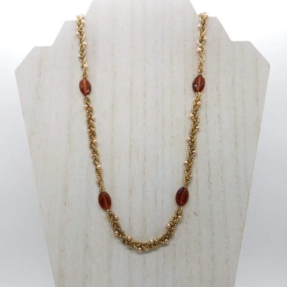 Twisted Gold Tone Seed Bead Necklace with Amber & Peach Accent Beads Adjustable